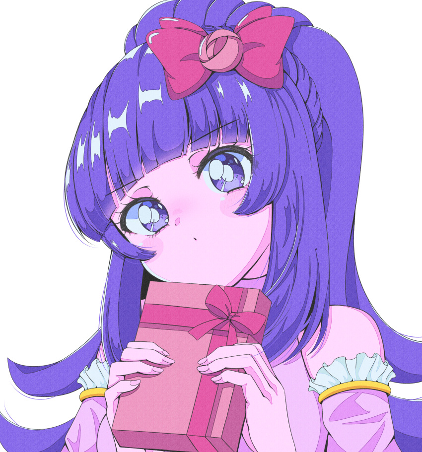 1990s_(style), 1girl, absurdres, blunt_bangs, blush, blush_stickers, bow, box
