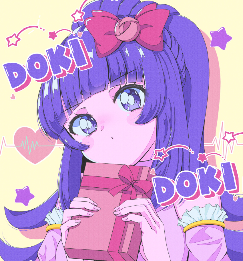 1990s_(style), 1girl, absurdres, blunt_bangs, blush, blush_stickers, bow, box