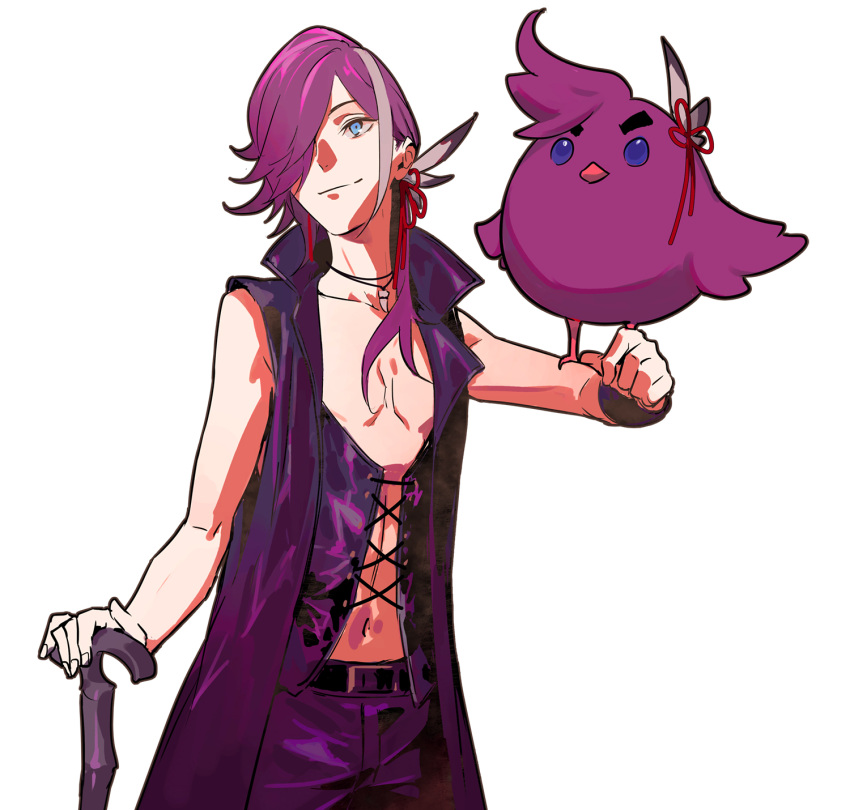 1boy, banzoin_hakka, bird, bird_on_hand, cane, devil_may_cry_(series), devil_may_cry_5, feathers, highres, holostars, holostars_english, navel, pako_(pakosun), purple_hair, simple_background, vest, white_background