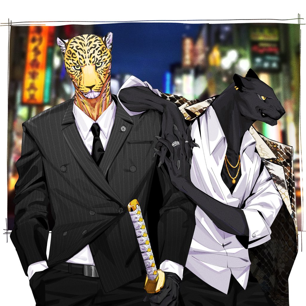 2boys, animal_ears, belt, black_belt, black_fur, black_gloves, black_nails, black_necktie