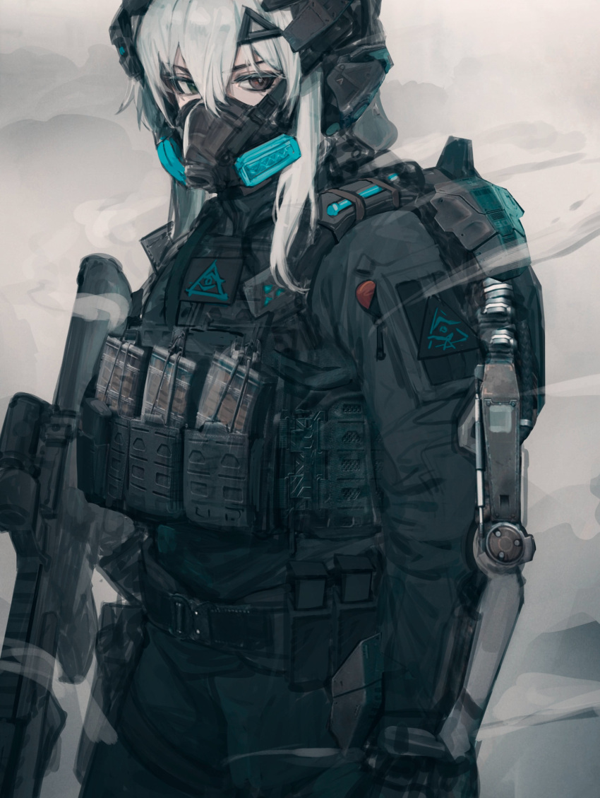 1girl, absurdres, assault_rifle, backpack, bag, brown_eyes, bulletproof_vest, call_of_duty:_advanced_warfare, exoskeleton, gas_mask, gun, highres, holding, holding_gun, holding_weapon, looking_at_viewer, magazine_(weapon), mask, military_operator, mouth_mask, original, rifle, snowing, solo, tactical_clothes, tuzik10, weapon, white_hair