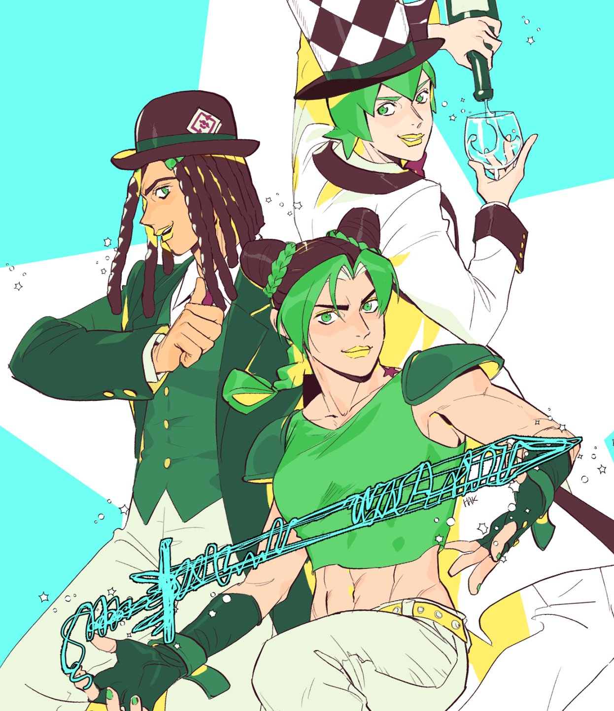 3girls, abs, armor, birthmark, black_hair, bottle, bowler_hat, braid