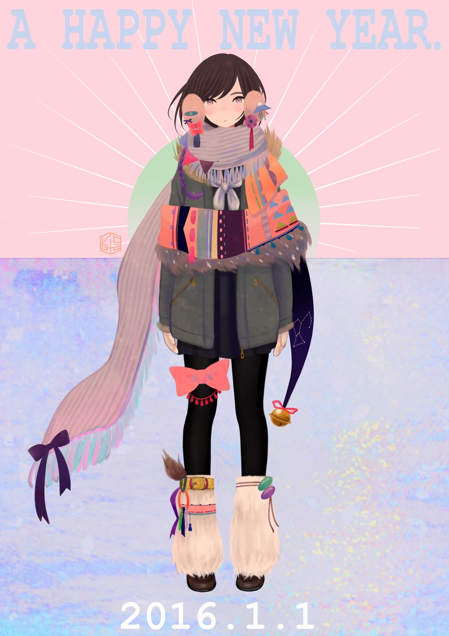 1girl, 2016, bell, black_pantyhose, black_skirt, brown_hair, full_body, hair_ornament, happy_new_year, highres, jacket, miniskirt, multicolored_background, multiple_scarves, necktie, original, pantyhose, ribata, scarf, short_hair, skirt, solo, stamp_mark, standing, thigh_bow, violet_eyes, white_necktie