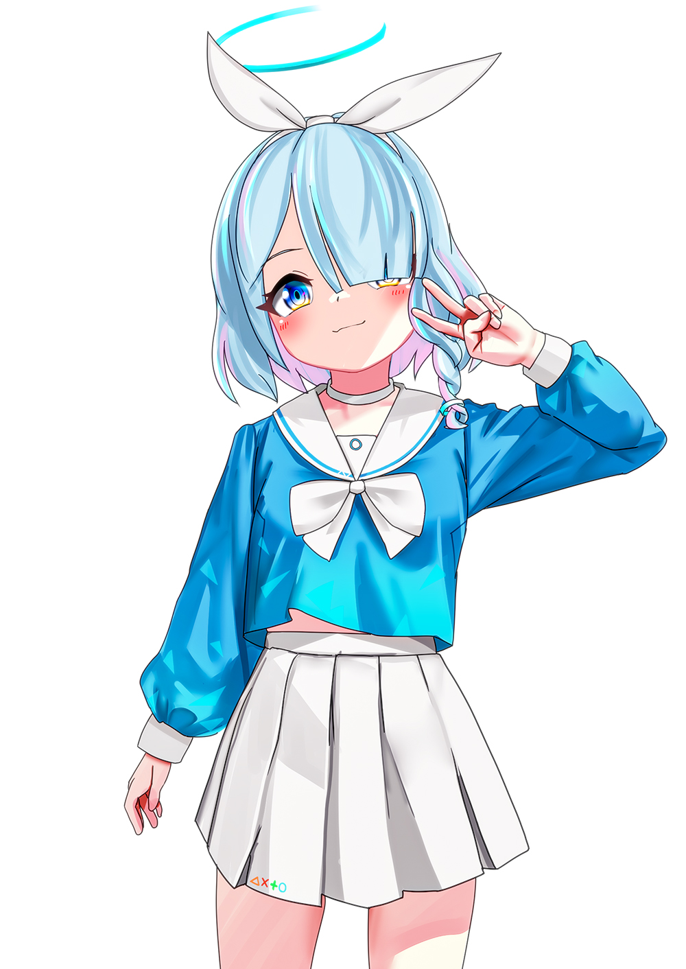 1girl, arona_(blue_archive), bare_legs, blue_archive, blue_eyes, blue_hair, blue_shirt, braid