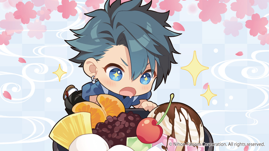 +_+, 1boy, black_hair, blue_eyes, cherry, cherry_blossoms, chibi, drooling