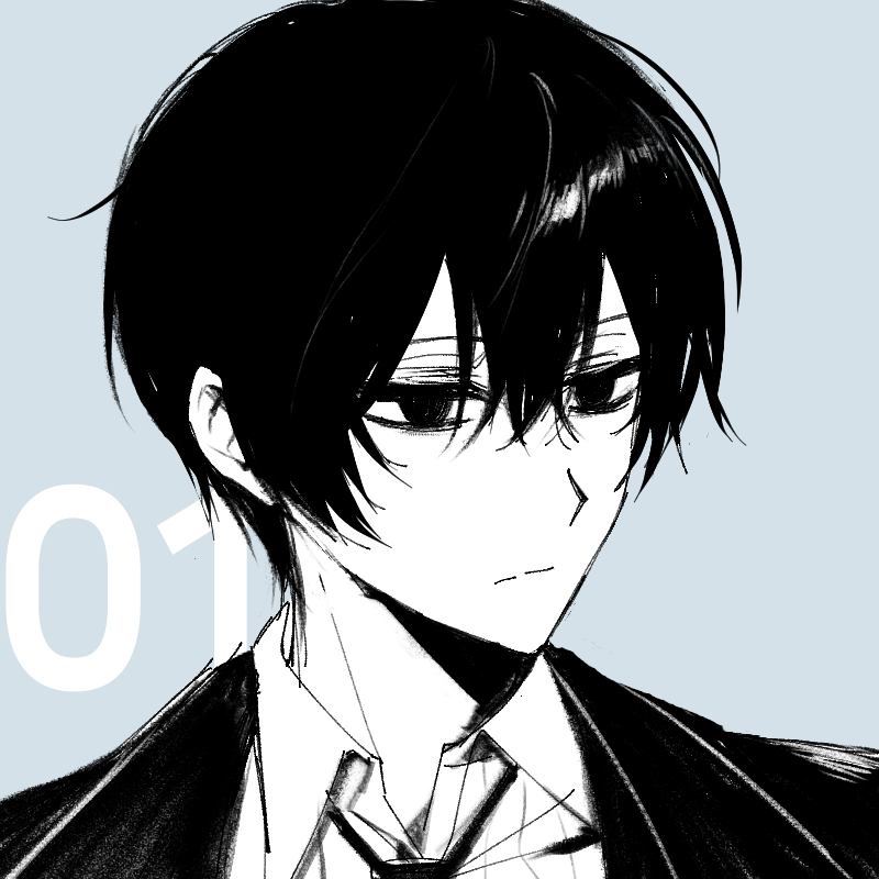 1boy, blue_background, closed_mouth, collared_shirt, commentary, empty_eyes, greyscale, greyscale_with_colored_background, haebu, hair_between_eyes, high_contrast, jacket, limbus_company, male_focus, monochrome, necktie, open_clothes, open_jacket, portrait, project_moon, shirt, short_hair, solo, yi-sang_(limbus_company)
