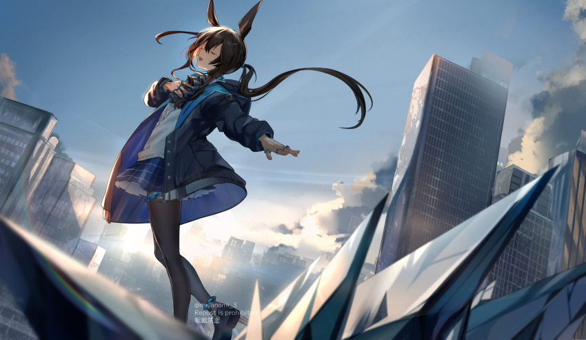 1girl, amiya_(arknights), animal_ears, anklet, arknights, ascot, black_footwear, black_jacket