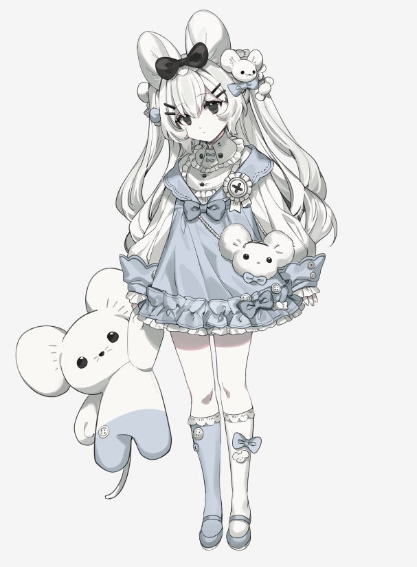 1girl, animal_ears, asymmetrical_legwear, bag, black_bow, black_eyes, blue_dress, blue_footwear, blue_socks, bow, buttons, collar, dress, frilled_collar, frilled_dress, frilled_sleeves, frills, full_body, grey_background, hair_bow, hair_ornament, hairclip, head_tilt, holding, holding_stuffed_toy, katagiri_hachigou, kneehighs, long_hair, long_sleeves, maushold, mismatched_legwear, personification, pokemon, puffy_long_sleeves, puffy_sleeves, shirt, short_dress, shoulder_bag, sidelocks, simple_background, socks, solo, standing, stuffed_toy, two_side_up, white_hair, white_shirt, white_socks
