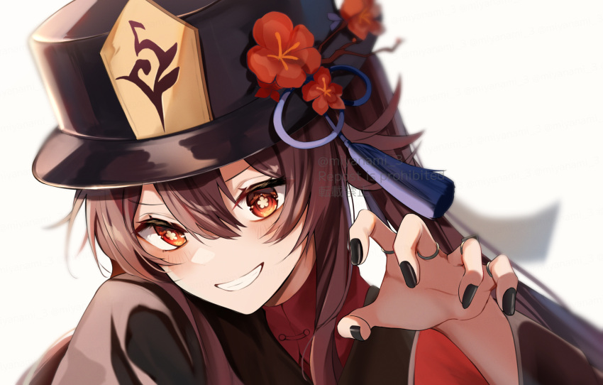 1girl, artist_name, black_headwear, black_nails, blush, branch, brown_coat, brown_hair