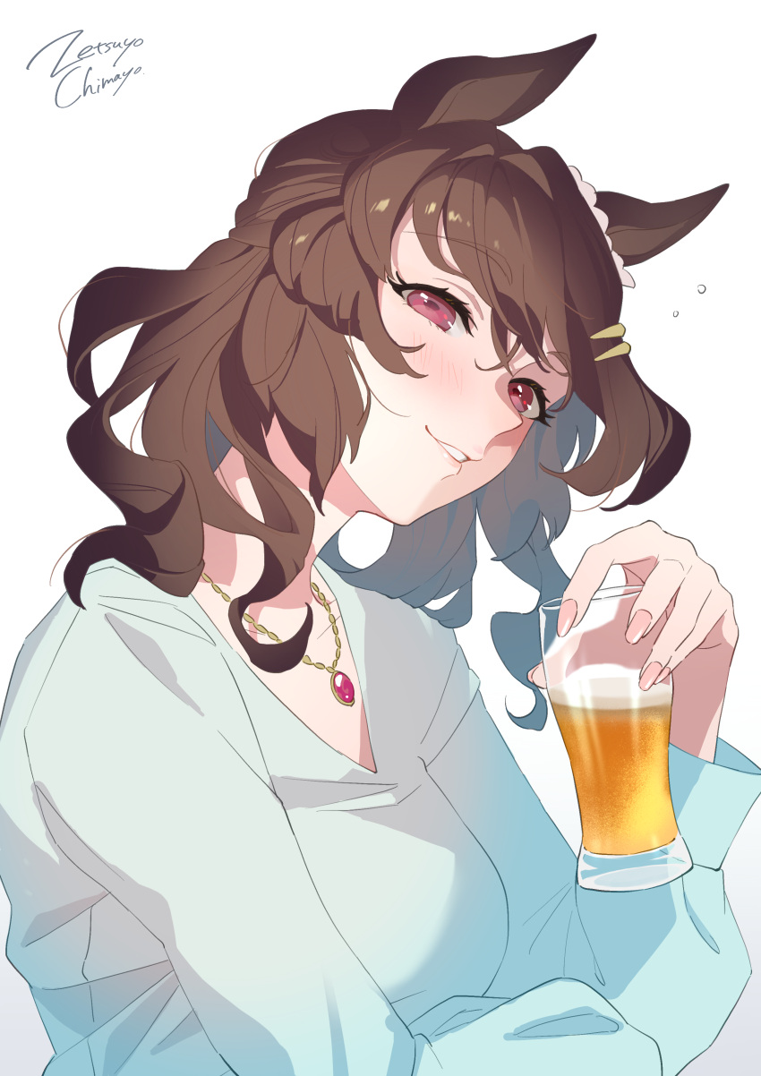1girl, absurdres, animal_ears, artist_name, blue_shirt, blush, breasts, cigarette
