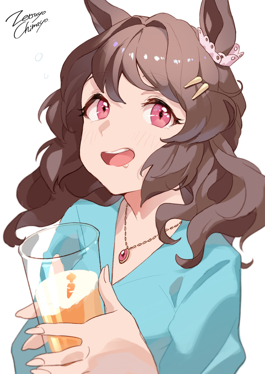 1girl, absurdres, animal_ears, aqua_shirt, artist_name, blush, breasts, brown_hair