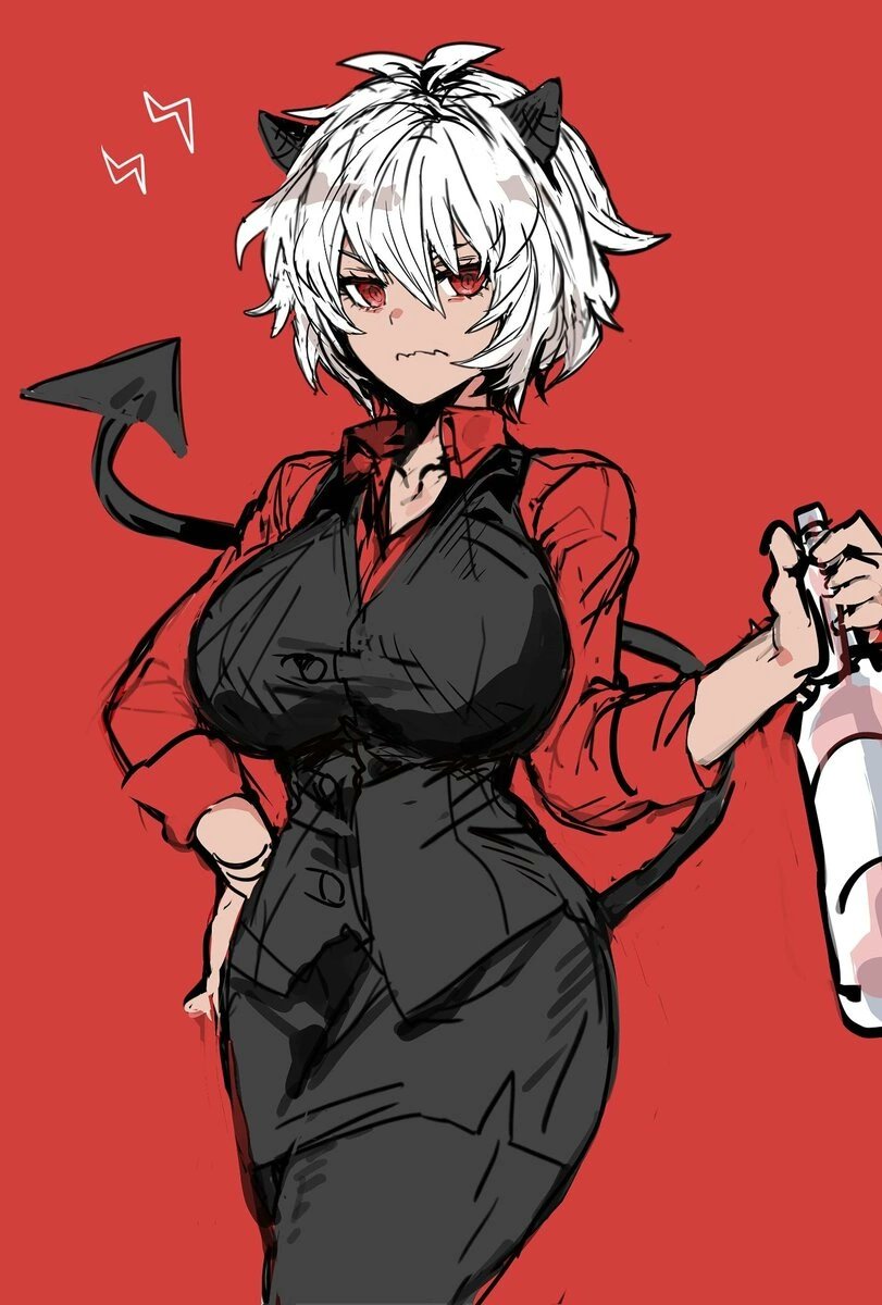 1girl, alcohol, bad_id, bad_twitter_id, black_horns, black_skirt, black_vest, bottle