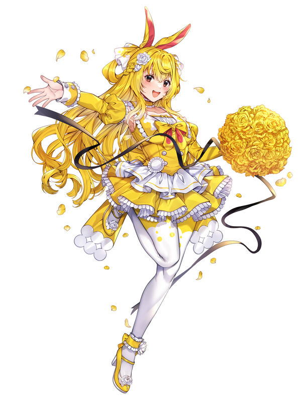 1girl, alternate_color, animal_ears, arm_up, azumarill, blonde_hair, bouquet, bow