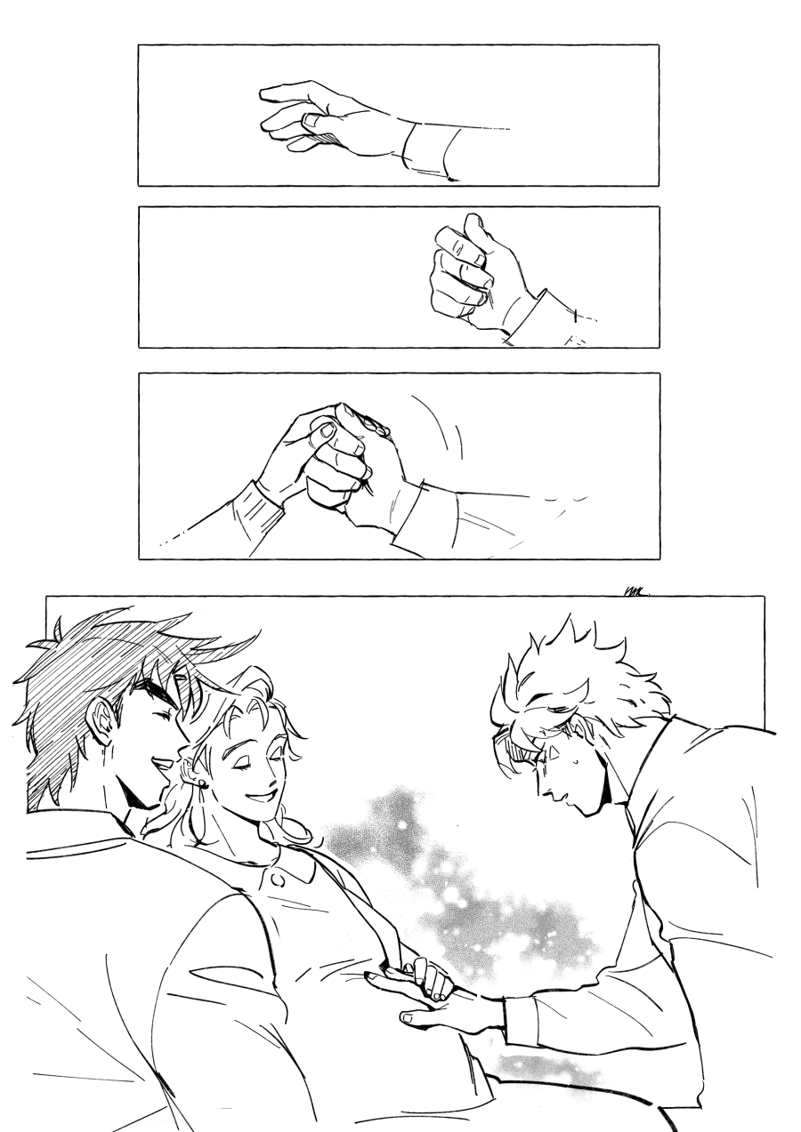 alternate_universe, caesar_anthonio_zeppeli, facial_mark, family, greyscale, hakmonss, hand_on_another's_stomach, highres