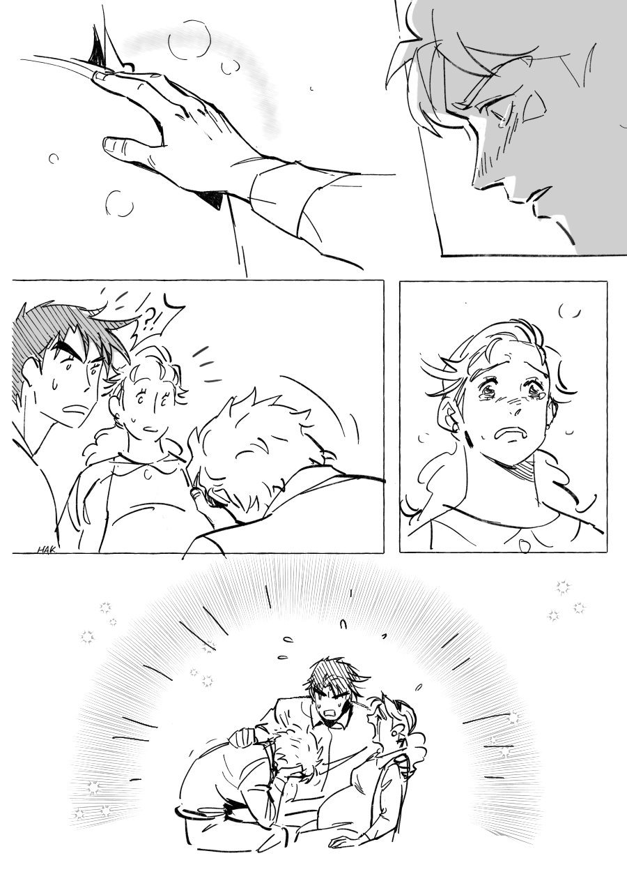 alternate_universe, blushcrying, caesar_anthonio_zeppeli, crying, family, greyscale, hakmonss, hand_on_another's_stomach