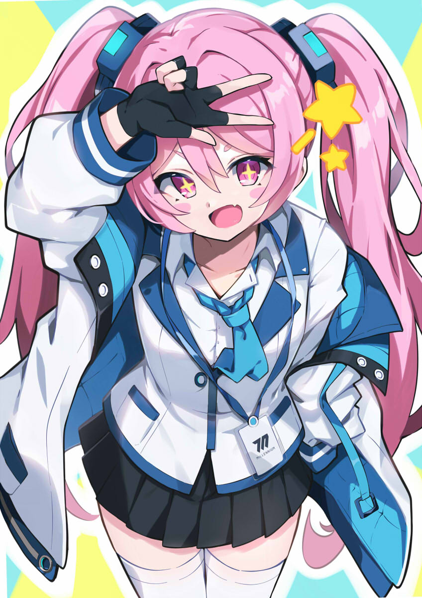 1girl, black_gloves, black_skirt, blue_archive, blue_background, blue_necktie, cowboy_shot, cross-shaped_pupils, fang, fingerless_gloves, gloves, hair_between_eyes, hair_intakes, hair_ornament, highres, id_card, jacket, koyuki_(blue_archive), lanyard, long_hair, long_sleeves, looking_at_viewer, necktie, off_shoulder, omochishiki, open_mouth, pink_eyes, pink_hair, pleated_skirt, shirt, skin_fang, skirt, smile, solo, star_(symbol), symbol-shaped_pupils, thigh-highs, twintails, two-tone_background, very_long_hair, w, white_jacket, white_shirt, white_thighhighs, yellow_background, zettai_ryouiki