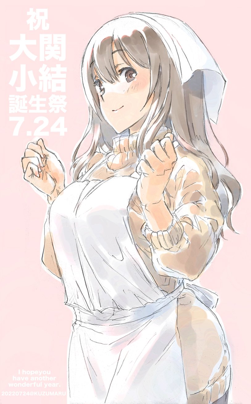 1girl, alice_gear_aegis, apron, blush, breasts, brown_eyes, brown_hair, clenched_hands, dated, hair_between_eyes, head_scarf, highres, large_breasts, long_hair, looking_at_viewer, oozeki_koyui, orange_sweater, pink_background, simple_background, smile, solo, suzumaru, sweater, turtleneck, turtleneck_sweater, twitter_username, white_apron