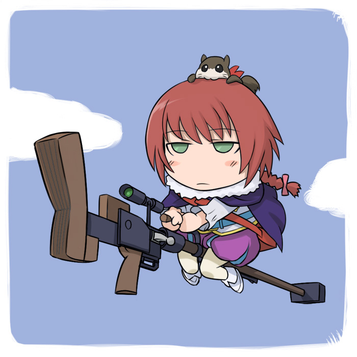 animal, anti-materiel_rifle, bag, braid, cape, chibi, cloud, clouds