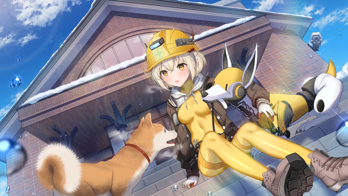 1girl, akebono_kt, belt, blonde_hair, blush, bodysuit, bolt_(nikke), breasts, brown_footwear, brown_jacket, dog, gloves, goddess_of_victory:_nikke, hardhat, helmet, jacket, liter_(nikke), non-humanoid_robot, open_clothes, open_jacket, open_mouth, robot, robot_animal, robot_dog, safety_boots, short_hair, sitting, small_breasts, utility_belt, walkie-talkie, white_gloves, white_hood, wrench, yellow_bodysuit, yellow_eyes