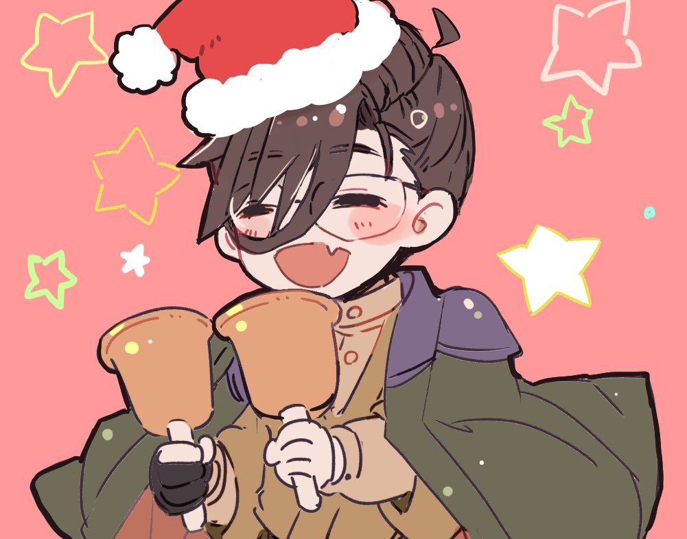 1boy, :d, =_=, ahoge, bell, black_gloves, blush_stickers, brown_hair