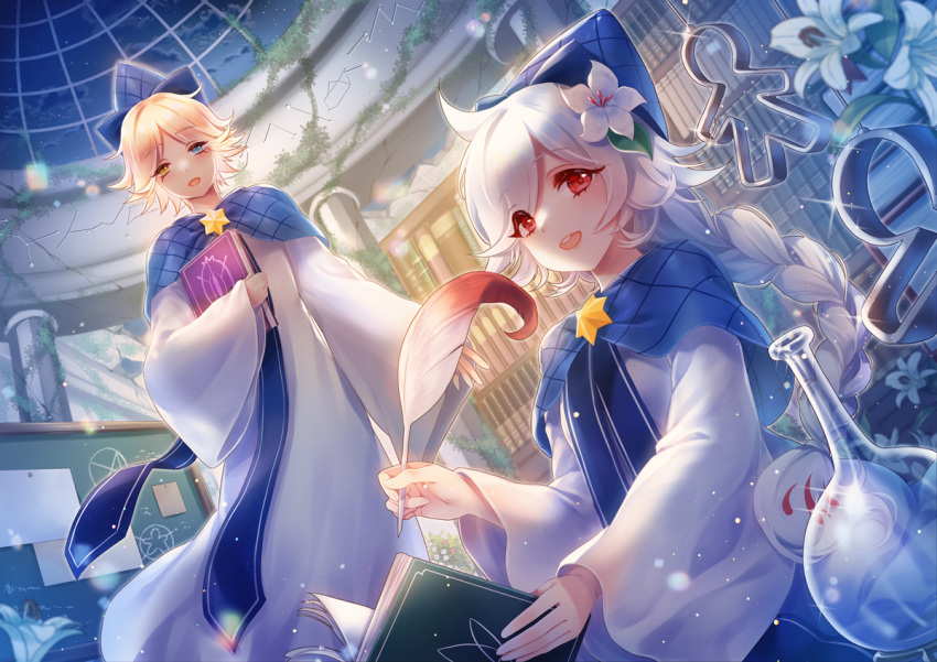 1boy, 1girl, :d, aged_down, argyle, argyle_capelet, blonde_hair, blue_capelet