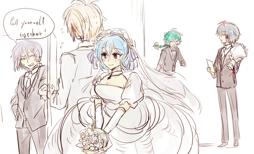 1girl, 4boys, :d, ahoge, alternate_costume, anger_vein, ashe_bradley, black_bow