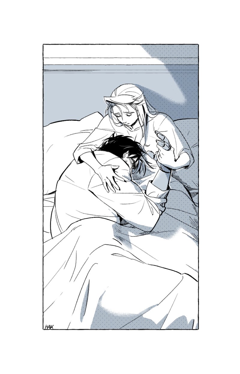 1boy, 1girl, battle_tendency, couple, cradling_head, hakmonss, highres, husband_and_wife