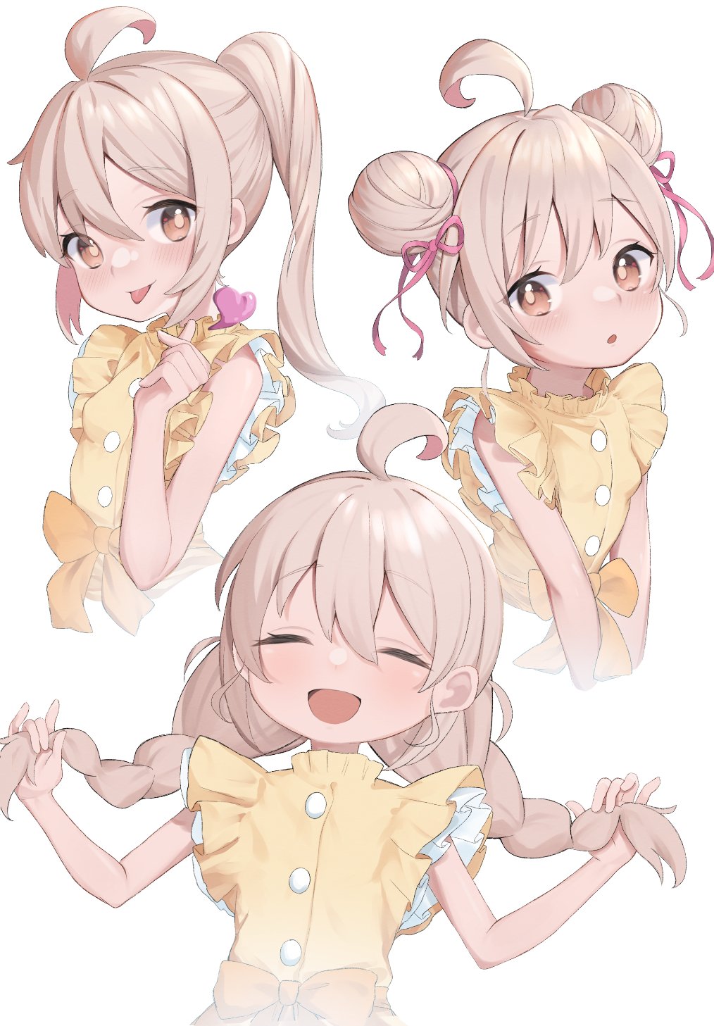 1girl, :d, :p, ahoge, bare_arms, braid, brown_eyes, closed_eyes