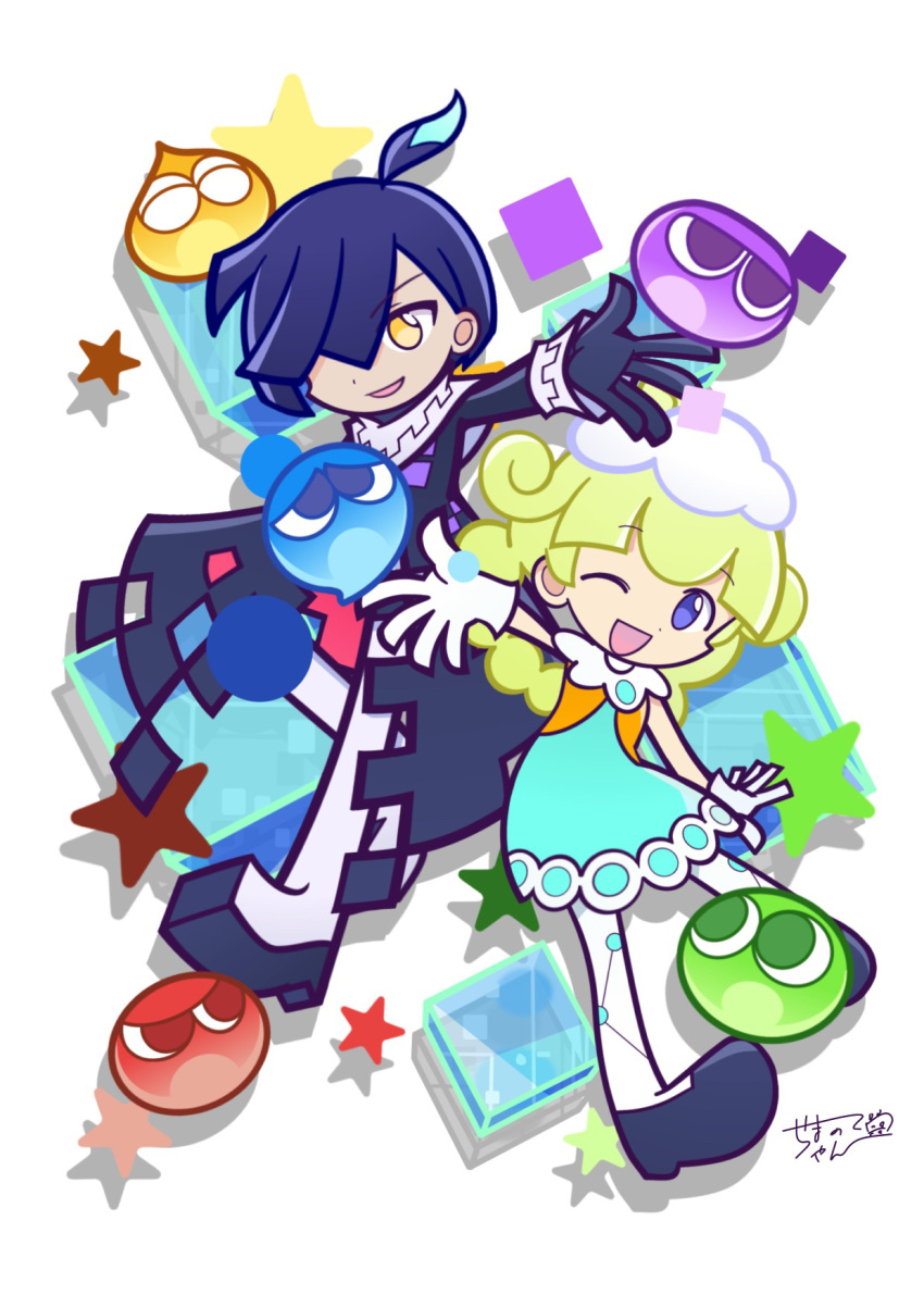 1boy, 1girl, black_gloves, black_jacket, blonde_hair, gloves, hair_over_one_eye, highres