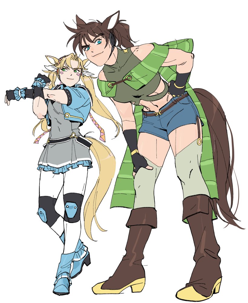 2girls, abs, adapted_costume, animal_ears, battle_tendency, birthmark, blue_eyes, blue_jacket, boots, caesar_anthonio_zeppeli, crop_top, cropped_jacket, facial_mark, feather_hair_ornament, feathers, fingerless_gloves, frilled_skirt, frills, genderswap, genderswap_(mtf), gloves, green_scarf, hair_ornament, hakmonss, headset, horse_ears, horse_tail, jacket, joestar_birthmark, jojo_no_kimyou_na_bouken, joseph_joestar, joseph_joestar_(young), knee_pads, leggings, midriff, multiple_girls, pony, scarf, skirt, sleeveless, sleeveless_turtleneck, tail, thigh-highs, toned, turtleneck, twintails, umamusume, white_leggings
