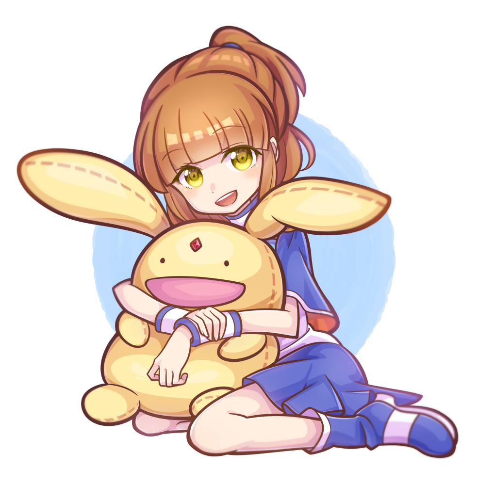 1girl, arle_nadja, blue_cape, blue_footwear, blue_skirt, blunt_bangs, blush, boots, brown_hair, cape, carbuncle_(puyopuyo), holding, holding_stuffed_toy, kneeling, open_mouth, pimyuhuwa, ponytail, puyopuyo, shirt, skirt, solo, stuffed_animal, stuffed_toy, teeth, upper_teeth_only, white_shirt, yellow_eyes