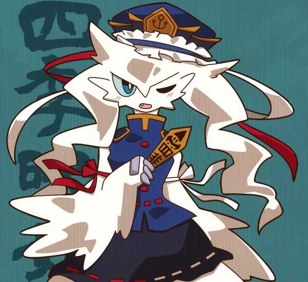 asgr_pww, black_skirt, blue_eyes, blue_headwear, blush, fang, frilled_hat, frills