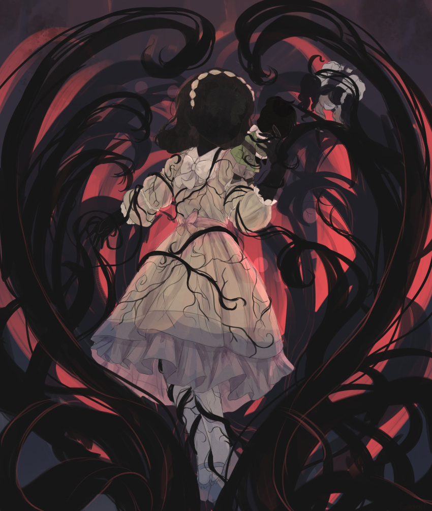 1girl, absurdres, bangs_pinned_back, black_skin, bow, character_doll, colored_skin, comoront