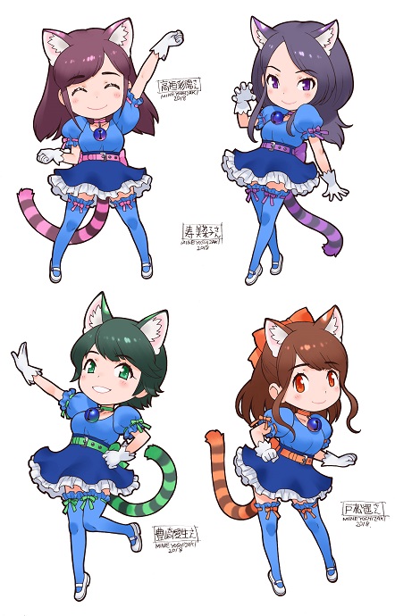 4girls, animal_ears, belt, black_hair, brown_hair, closed_mouth, dress, extra_ears