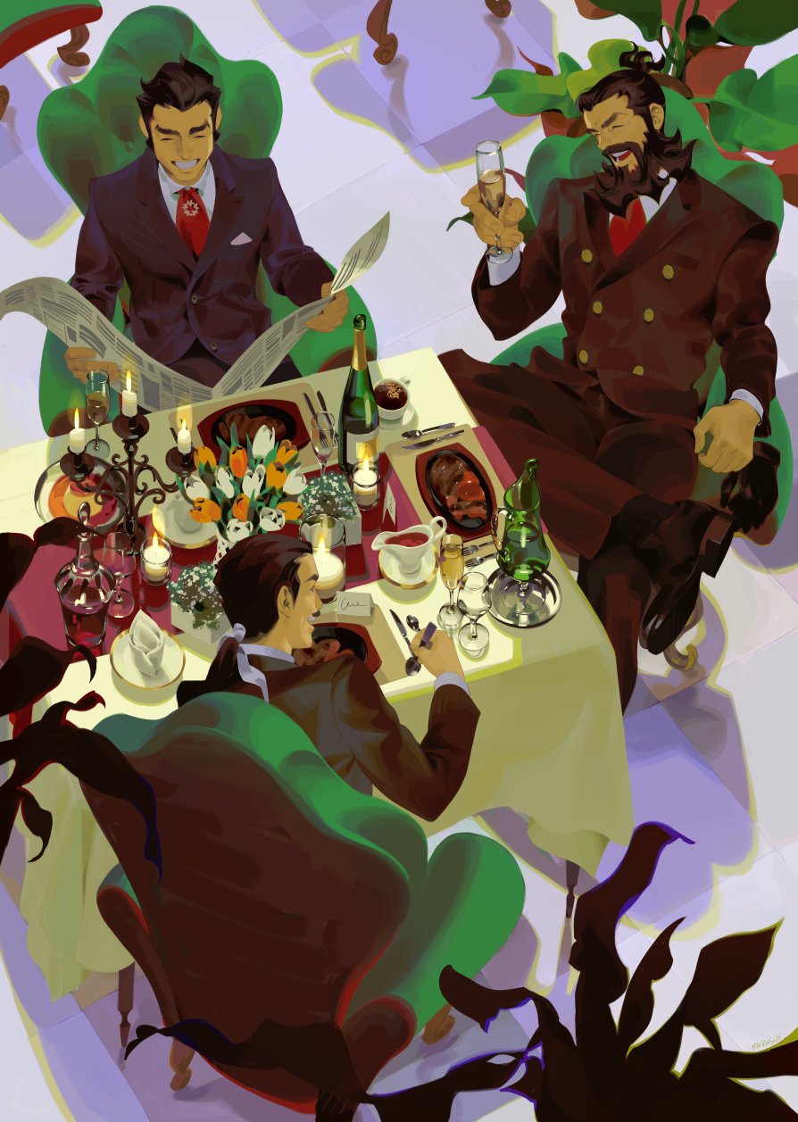 ace_attorney, armchair, black_hair, black_jacket, brown_hair, brown_pants, candlestand, chair