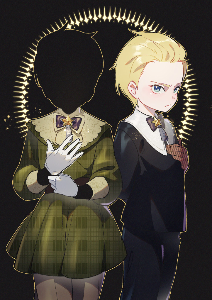 2boys, adjusting_clothes, adjusting_gloves, black_background, black_hair, black_skin, blonde_hair, blue_bow