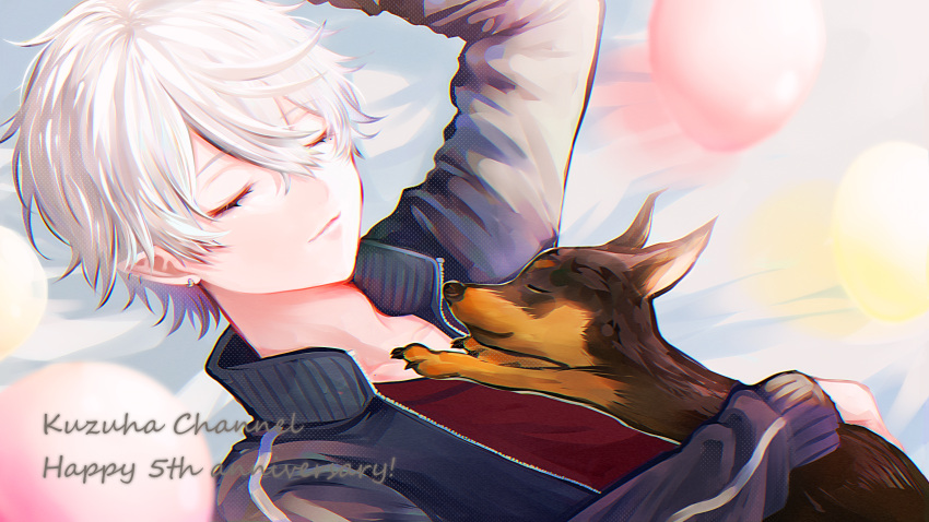 1boy, blue_jacket, closed_eyes, doberman, dog, ear_piercing, highres, jacket