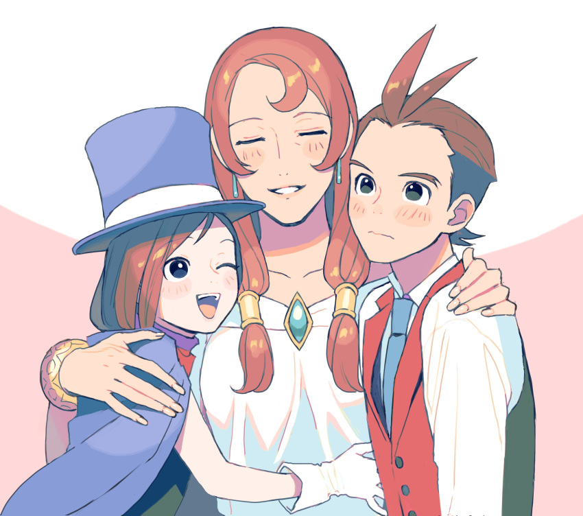 1boy, 2girls, absurdres, ace_attorney, antenna_hair, apollo_justice, apollo_justice:_ace_attorney, blue_cape