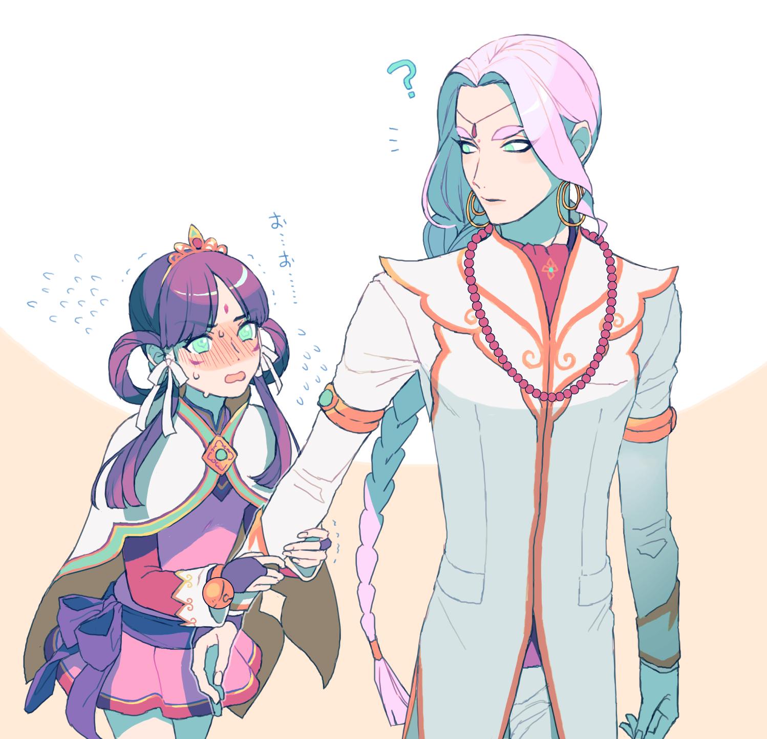1boy, 1girl, ?, ace_attorney, arm_grab, bead_necklace, beads, blush, bow, braid, cape, dress, earrings, embarrassed, facial_mark, flying_sweatdrops, forehead_mark, green_eyes, hair_ribbon, hair_rings, highres, holding_another's_wrist, hoop_earrings, jewelry, long_hair, long_sleeves, looking_at_another, nahyuta_sahdmadhi, necklace, open_mouth, ouse_(otussger), phoenix_wright:_ace_attorney_-_spirit_of_justice, pink_dress, purple_bow, purple_hair, rayfa_padma_khura'in, red_sleeves, ribbon, sidelocks, simple_background, standing, sweatdrop, tiara, waist_bow, white_hair, white_ribbon