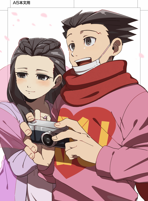 1boy, 1girl, ace_attorney, black_eyes, black_hair, blush, braid, camera