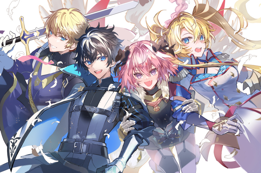 1girl, 3boys, ahoge, astolfo_(fate), blonde_hair, blue_eyes, bow, bradamante_(fate), cape, charlemagne_(fate), coat, durandal_(fate), fang, fate/grand_order, fate_(series), feathers, garter_straps, gauntlets, hair_bow, highres, holding, holding_sword, holding_weapon, multiple_boys, necktie, pink_hair, pink_necktie, poppoman, roland_(fate), sword, thigh-highs, twintails, violet_eyes, weapon, white_cape, white_coat