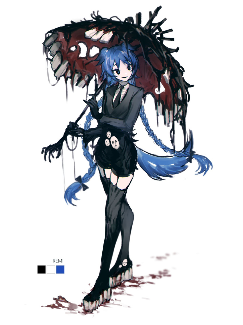 1girl, black_bow, black_eyes, black_footwear, black_gloves, black_jacket, black_shorts, blood, blue_hair, boots, bow, braid, e.g.o_(project_moon), employee_(lobotomy_corporation), extra_teeth, garter_straps, gloves, hair_bow, highres, holding, holding_umbrella, jacket, lobotomy_corporation, long_hair, low_twin_braids, mask, mask_removed, mountain_of_smiling_bodies, original, platform_boots, platform_footwear, project_moon, remsrar, shorts, smile, solo, thigh_boots, twin_braids, twintails, two_side_up, umbrella, very_long_hair