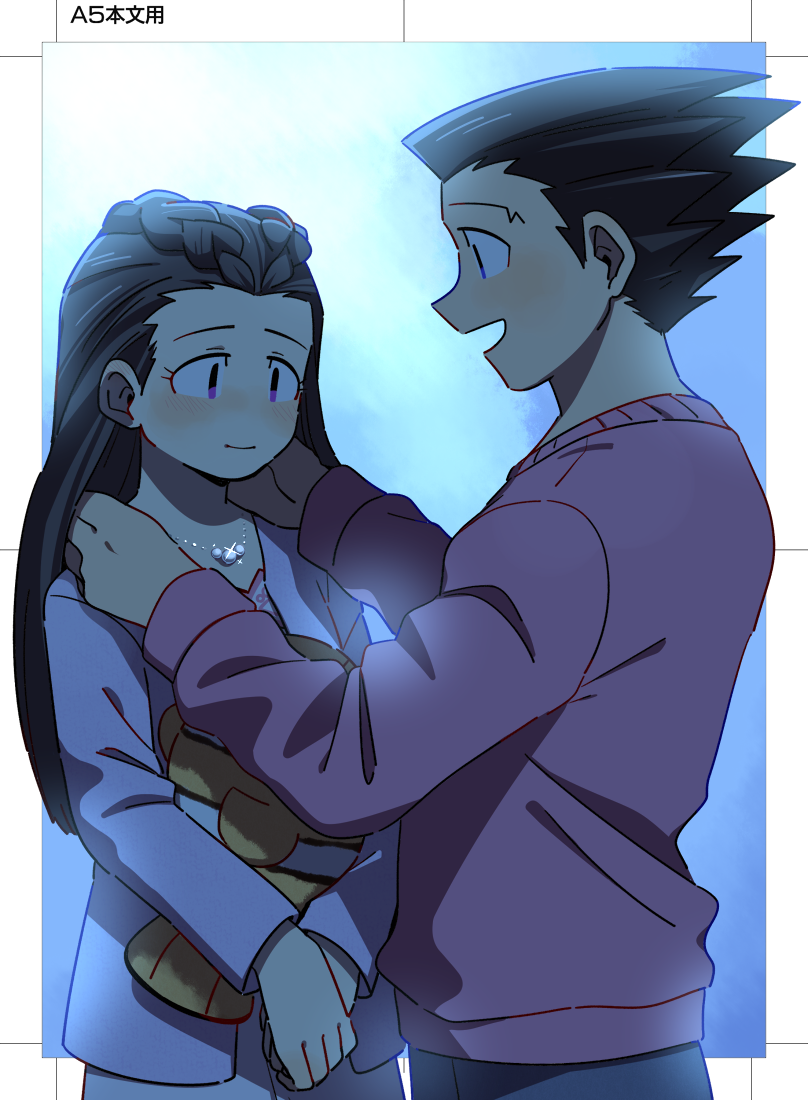 1boy, 1girl, ace_attorney, black_hair, blush, braid, closed_mouth, hands_on_another's_shoulders