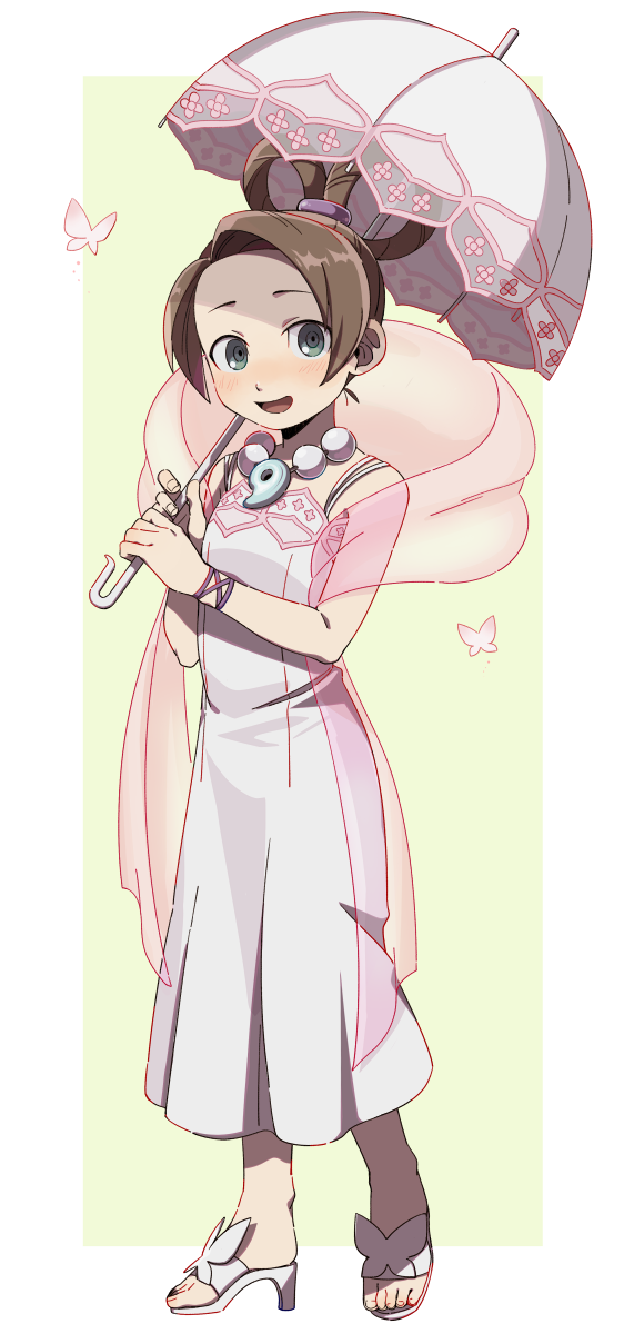 1girl, :d, ace_attorney, blush, brown_hair, bug, butterfly, cosplay, dahlia_hawthorne, dahlia_hawthorne_(cosplay), dress, full_body, grey_eyes, hagoromo, hair_rings, highres, holding, holding_umbrella, jewelry, looking_at_viewer, magatama, magatama_necklace, necklace, open_mouth, parasol, pearl_fey, pink_shawl, sandals, shawl, short_hair, simple_background, sleeveless, sleeveless_dress, smile, solo, standing, umbrella, wahootarou, white_dress, white_umbrella