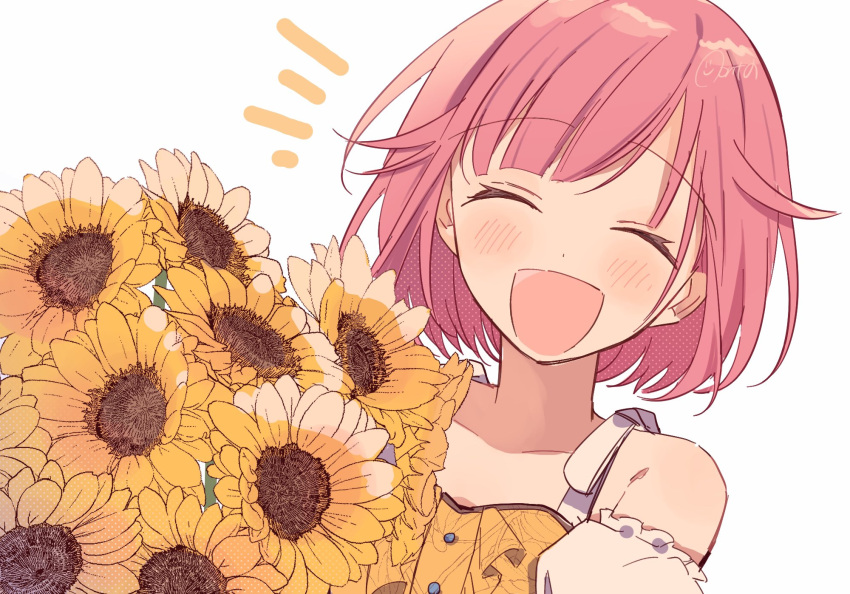 1girl, armpits, detached_sleeves, dress, flower, happy, highres, holding, holding_flower, off-shoulder_dress, off_shoulder, ootori_emu, open_mouth, pink_hair, project_sekai, short_hair, signature, simple_background, smile, solo, sunflower, white_background, zu_tonatuyasumi