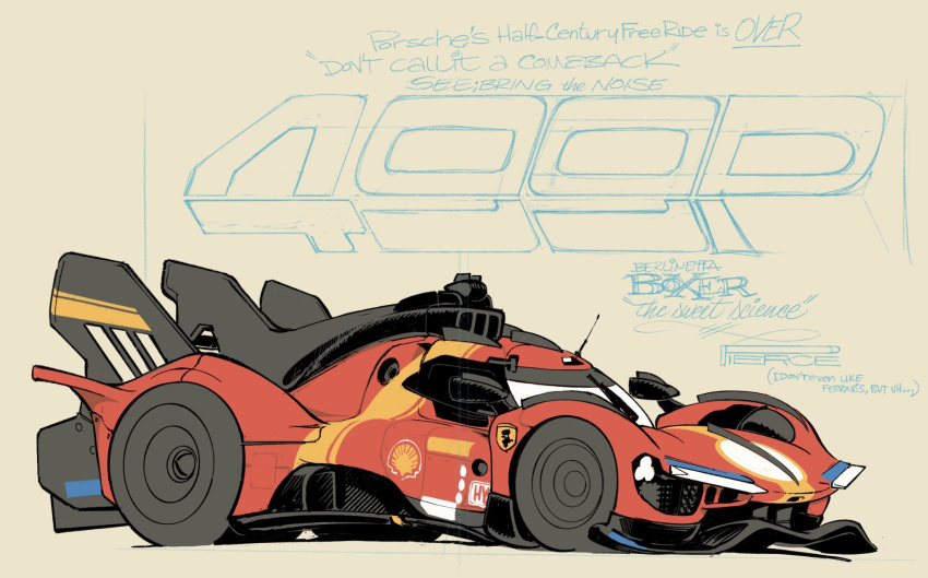 artist_name, brown_background, car, english_commentary, english_text, ferrari, ferrari_499p, from_side