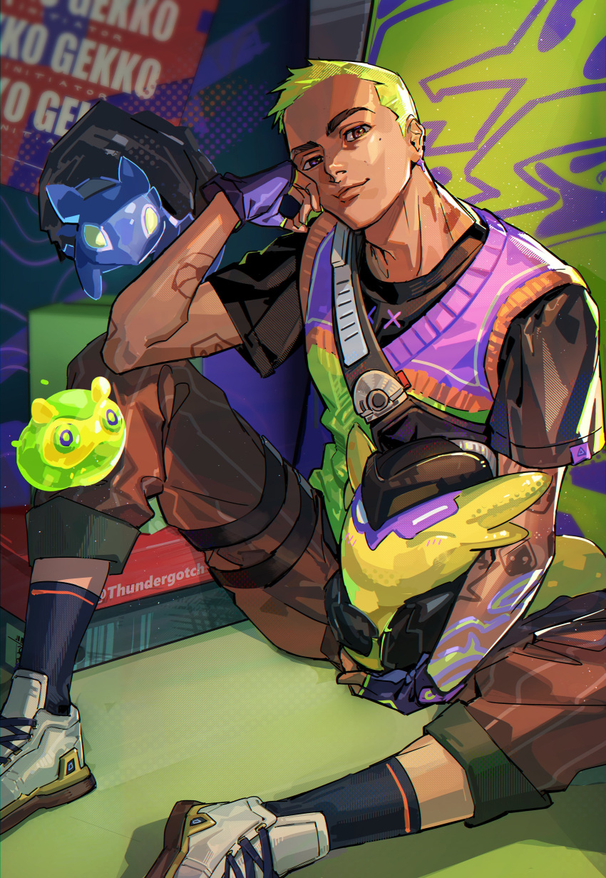 1boy, absurdres, animification, black_shirt, black_socks, brown_eyes, brown_pants, creature