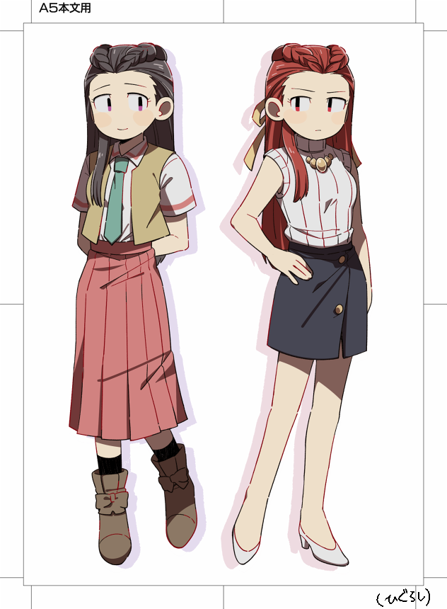 2girls, ace_attorney, arms_behind_back, black_skirt, boots, braid, brown_hair, closed_mouth