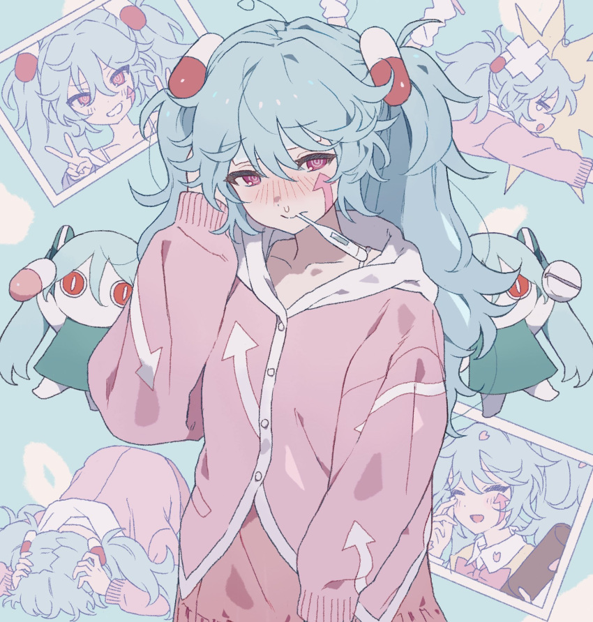 3girls, aimaina, aqua_dress, arrow_print, blue_hair, blush, bow, bowtie