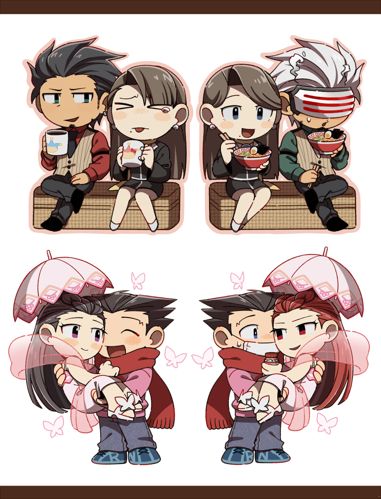 >_<, 3boys, 3girls, ace_attorney, asymmetrical_bangs, beard, black_hair, black_jacket